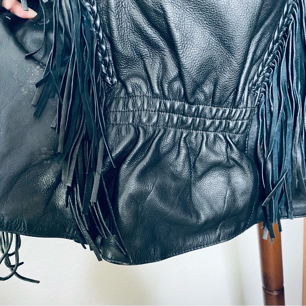 Vintage Genuine Black Leather Rose Cutout Boho Fringe Motorcycle Jacket Medium - Picture 6 of 13